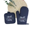 Dark blue Best Mom Ever kitchen oven mitt and pot holder set on a woven mat - Dark Blue/Best Mom Ever