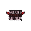 Punk style bat wing enamel pin with Satan's Favorite Sinner text in red and pink - Satan's Favorite Sinner Design (QHXZ2317)