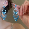 Boucles d'oreilles papillon bleues avec glands en zircon et franges de cristal brillant - Tige S925-Argent-Bleu-Boucles d'oreilles