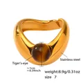 Gold-plated stainless steel ring featuring a 1cm round Tiger's Eye stone inset - US 7 / A782-Gold-Tiger's Eye