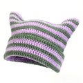 Detail view of handmade purple and green striped crochet knit beanie with cat ears - Dark Green and Purple Striped