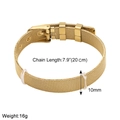 Detailed view of a 10mm golden mesh bracelet with buckle clasp and size measurements - Stainless Steel Mesh / Gold Watchband Style