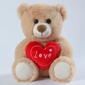 Beige teddy bear plush toy holding a red embroidered heart with Love text - Heart-hugging Brown Bear / 30cm