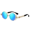 Steampunk round sunglasses with gold metal frame and blue mirrored lenses for men and women - Gold Frame Blue Mirror Lens
