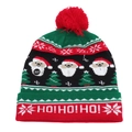Detail of Christmas knit hat showing the ON/OFF switch for LED lights and reindeer pattern - HO HO HO Red Green