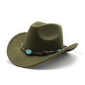 Detail of dark green wool felt cowboy hat with turquoise accents and leather braid - M (56-58cm) / Army Green