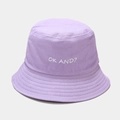 Detail of lavender cotton bucket hat with white OK AND? embroidery and stitched brim - M (56-58cm) / Light Purple
