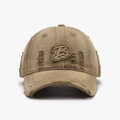 Distressed khaki baseball cap with letter B patch embroidery and retro frayed holes - Adjustable / Camel