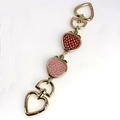 Golden handbag chain strap with red and pink enamel strawberry charms and heart clasps - Heart Clasp/Mixed Red Pink Strawberries / Light Gold/Red/Pink