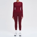 Ensemble de yoga bordeaux sans couture avec manches passe-pouce et legging taille haute - Chemise À Manches Longues 5081 + Pantalon 7655 - Rouge Cerise / S