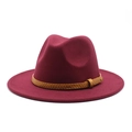 Close-up of burgundy wool fedora hat featuring a brown braided leather band and studs - M (56-58cm) / Burgundy