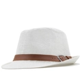 Close-up of white woven fedora hat featuring a brown faux leather band and metal buckle - M (56-58cm) / White (JX-S04)