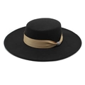 Close-up of black flat top wool hat with satin ribbon and sparkling rhinestone buckle - M (56-58cm) / Black