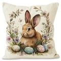 Easter linen pillow cover featuring a cute brown rabbit with colorful eggs and flowers - Style 4