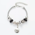 Silver Pandora style snake chain bracelet with black beads and Love heart charms - Black