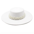 Close-up of white wool flat-top fedora with multi-layered faux pearl chain decoration - M (56-58cm) / White