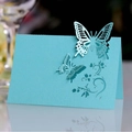 Sky blue laser-cut place card featuring 3D butterfly and floral scroll patterns - Tiffany Blue