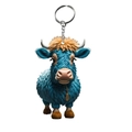 Detailed close-up of blue Highland cow keychain with orange hair and golden medal - Blue Orange Highland Cow With Medal Style