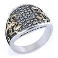 Retro stainless steel men's ring with silver band, gold relief and black crystals - US 7 / Two-tone Gold Silver Black Zirconia Scorpion Relief Style (01203)