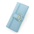 Slim long trifold PU leather wallet for women in light blue with gold metal buckle closure - Blue