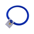 Detail of blue elastic hair tie featuring a white fabric tag with blue flower embroidery - 3# Blue Elastic Hair Tie