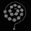 Detail of silver metal waist chain with circular openwork patterns and rose pendant charm - Silver Hollow Disc Rose (Style 7)