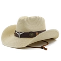 Summer Western cowboy straw hat with bull head ornament and chin strap in beige color - M (56-58cm) / Beige