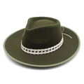 Detail of wool fedora hat with white woven bow band and olive green textured felt brim - M (56-58cm) / Army Green
