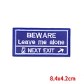 Rectangle blue embroidery patch with white Beware Leave Me Alone text 8.4x4.2cm - Signpost-Beware Leave me alone