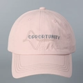 Detail of pink cotton baseball cap featuring gray OPPORTUNITY embroidery and stitching - M (56-58cm) / Pink