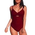 Detail of dark red one-piece swimsuit featuring ruched tummy control and V-neck knot - S / Burgundy