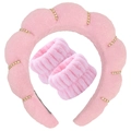 Pink terry sponge twisted headband and wristbands set with gold bead accents - 3pcs Set (Headband + Wristbands) / Pink with Rhinestones