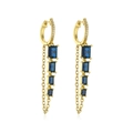 Detail of gold dangle earrings featuring blue baguette stones and delicate long tassels - Gold Dark Blue