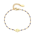 Detail view of golden Hamsa Hand bracelet with blue beads and lobster clasp closure - Blue
