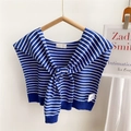 Detail showing blue and white striped knit sailor collar shawl with front knotted design - Blue Stripe