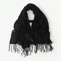 Classic black faux cashmere scarf with fringe and soft texture, solid color wrap shawl - Black