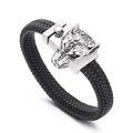Pulsera trenzada de cuero negro para hombre con cierre de cabeza de lobo plateada - 19cm Color Acero