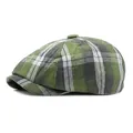 Retro newsboy cap featuring a green plaid pattern and octagonal structure on white - One Size (Elastic) / Green Plaid