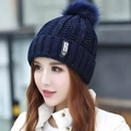 Winter dark blue knit beanie with faux fur pompom and letter B patch for women - One Size / Single Hat Navy (B标女套)