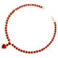 Detailed top view of gold necklace with luxury heart-shaped red zirconia gemstone - Gold Magenta Zirconia Necklace