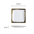 White square ceramic plate with gold brush rim detail, dimensions 20cm x 20cm x 2cm - 8 Inch Square Plate / Brushed Gold Rim