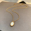 French vintage necklace with gold twisted chain and oval white mother of pearl pendant - Necklace-White