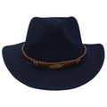 Detail of navy wool felt hat featuring brown band with golden feather metal pendant - Adult (57-60cm) / Navy Blue