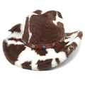 Faux fur western cowboy hat with cow print, brown band and turquoise stone accessories - M (56-58cm) / Creased Flat Top / Coffee