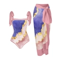 Dreiteiliges Bikini-Set mit abstraktem Marmormuster und passendem Wickelrock-Überwurf - S / Oberteil Und Unterteil / Pink und Blau Serie