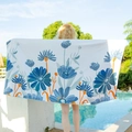 Quick-dry microfiber beach towel featuring blue floral prints on a white base for travel - Lotus Pond Moonlight