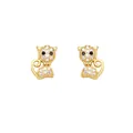 Cute gold plated cat stud earrings with sparkling white zircons and black stone eyes - D-Cute Cat