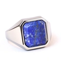Anello con sigillo in acciaio inossidabile lucido con lapislazzuli blu quadrato - US 7 / Acciaio + Pietra Blu