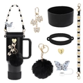 Detailed set of black silicone straw covers and daisy charms for Stanley tumbler - 7-Piece Set 3-Black Butterfly Glitter