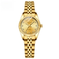 Women's gold quartz watch with fluted bezel and rhinestone hour markers on 5-link bracelet - Gold Case Gold Dial Female